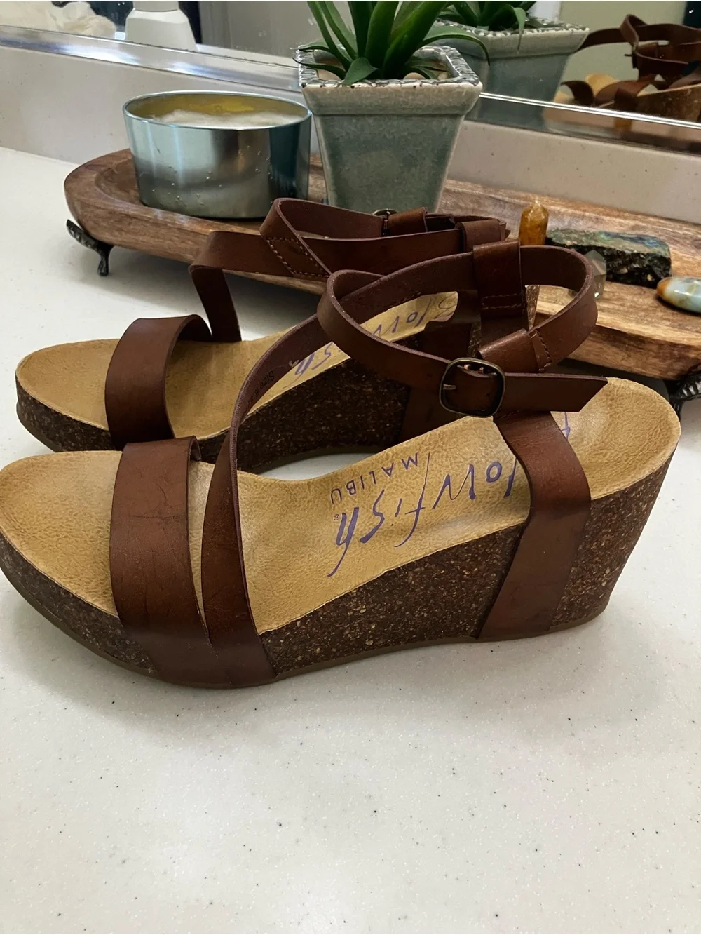 Blowfish Malibu Brown Platform Wedge Sandals Size 8 Boho Ankle Strap Cork Look - Picture 3 of 12